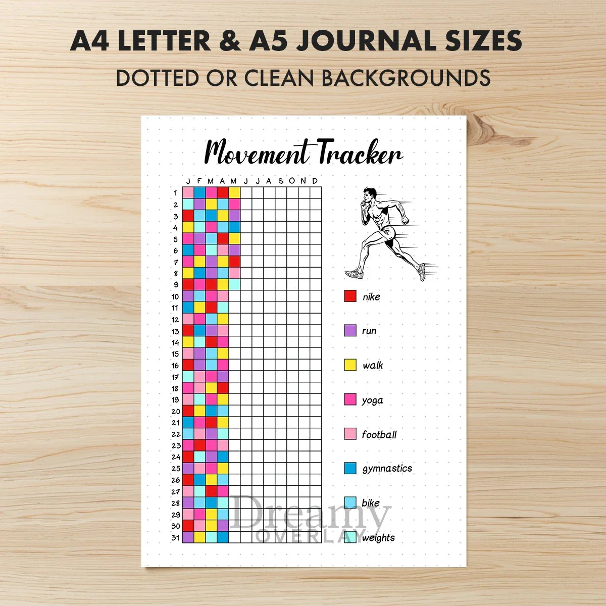 Printable movement tracker journal page in A4, A5 and US Letter size