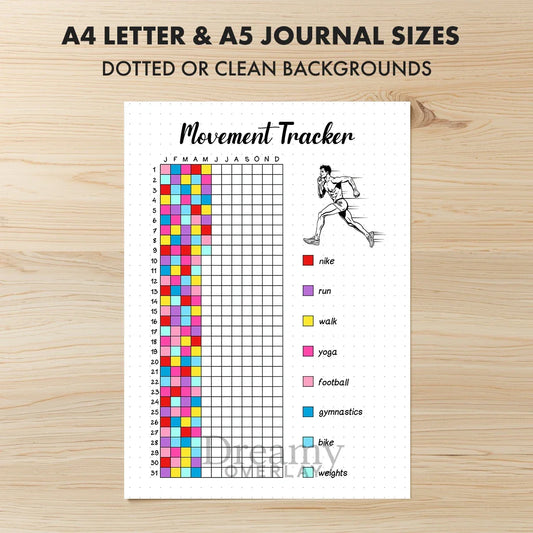 Printable movement tracker journal page in A4, A5 and US Letter size