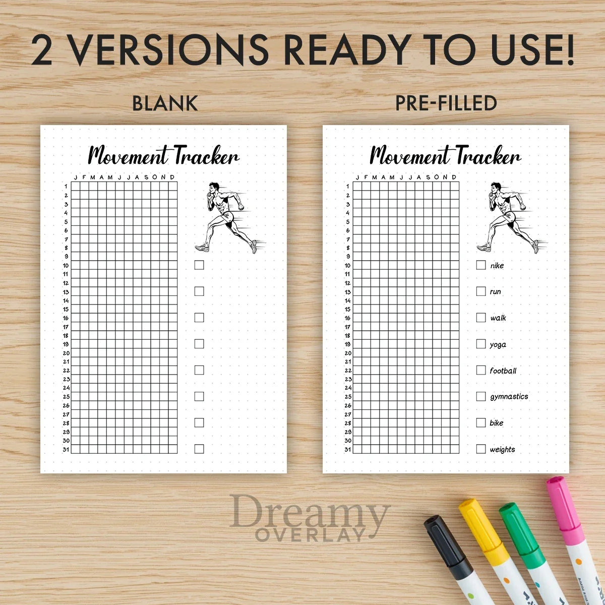 Printable movement tracker journal page in A4, A5 and US Letter size