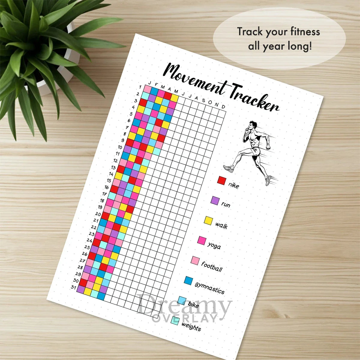 Printable movement tracker journal page in A4, A5 and US Letter size