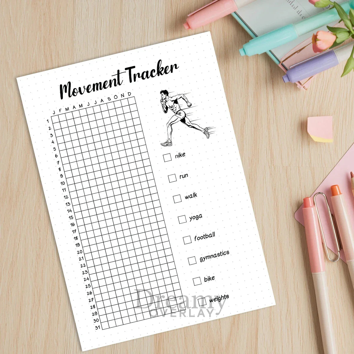 Printable movement tracker journal page in A4, A5 and US Letter size
