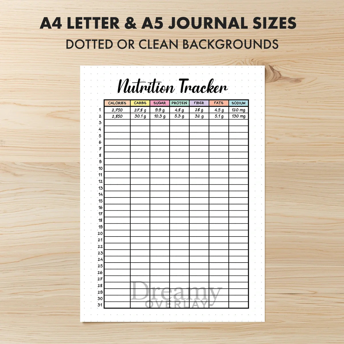 Printable nutrition tracker printable journal page in A4, A5 and US Letter size