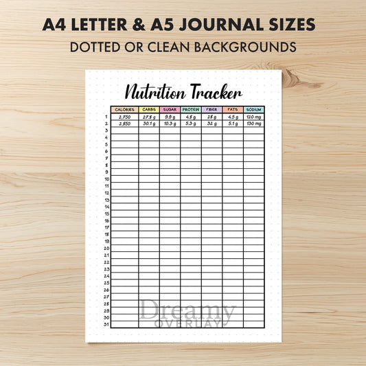 Printable nutrition tracker printable journal page in A4, A5 and US Letter size