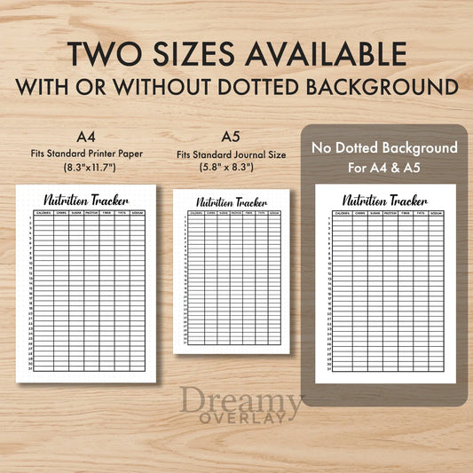 Printable nutrition tracker printable journal page in A4, A5 and US Letter size