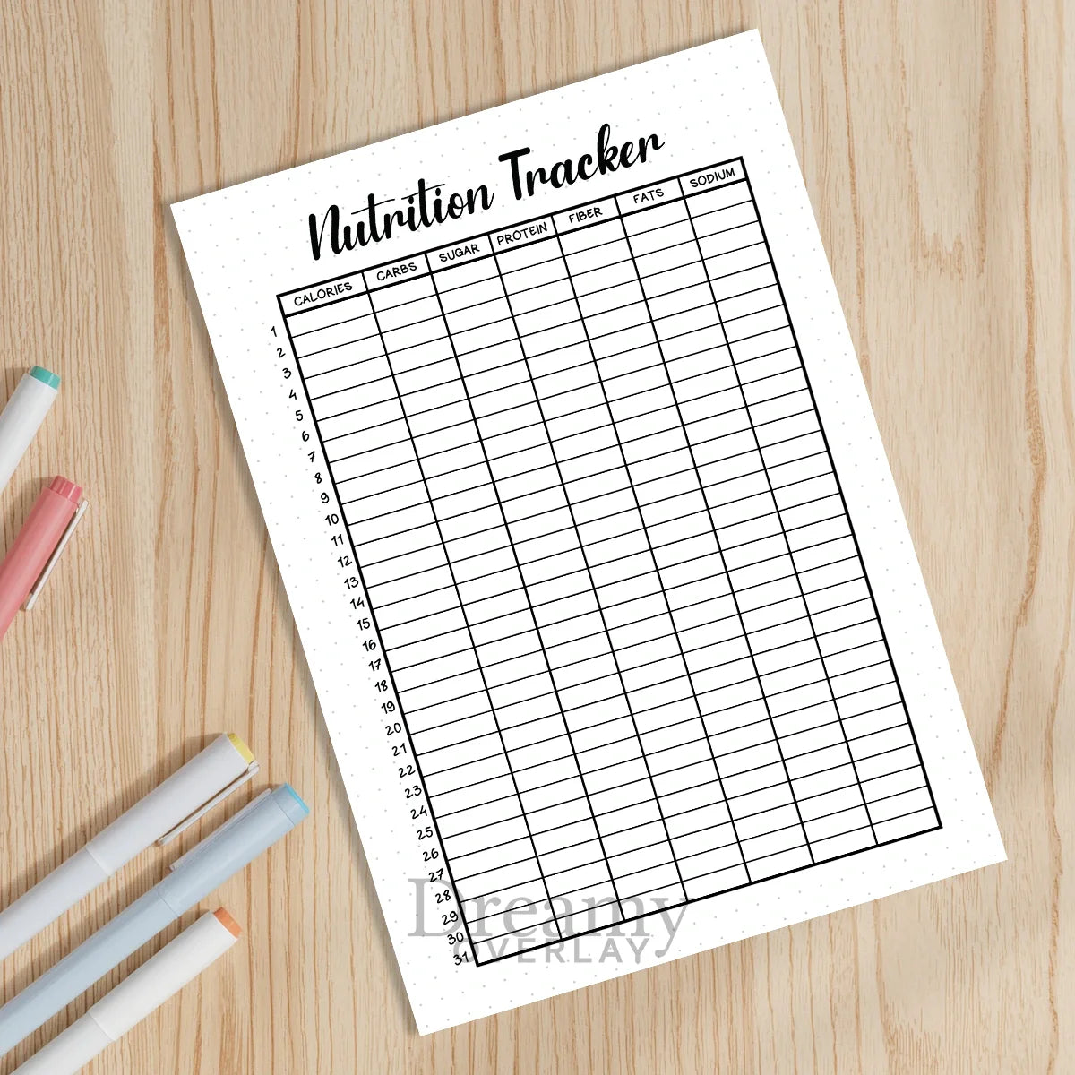 Printable nutrition tracker printable journal page in A4, A5 and US Letter size