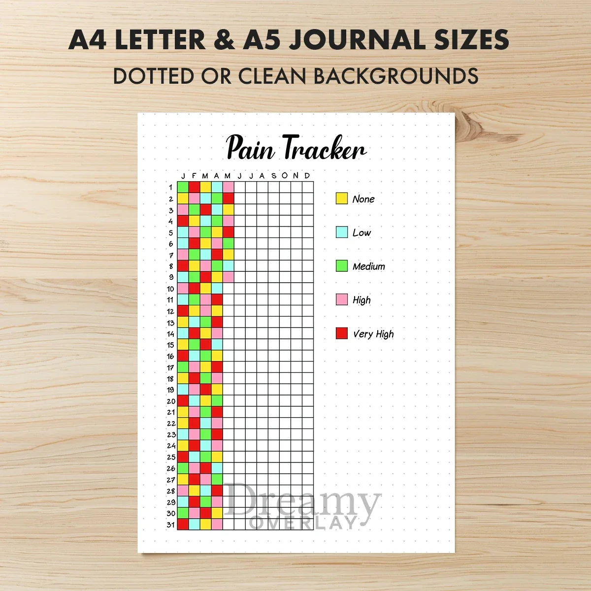 Printable pain tracker journal page in A4, A5 and US Letter size