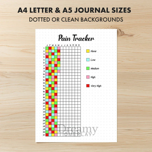 Printable pain tracker journal page in A4, A5 and US Letter size