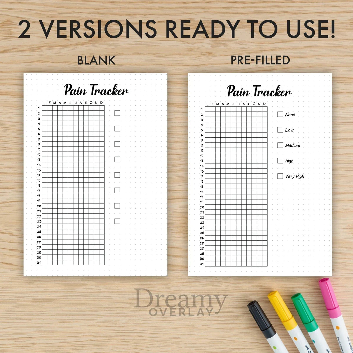 Printable pain tracker journal page in A4, A5 and US Letter size