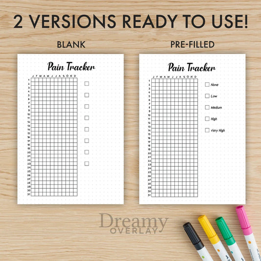 Printable pain tracker journal page in A4, A5 and US Letter size