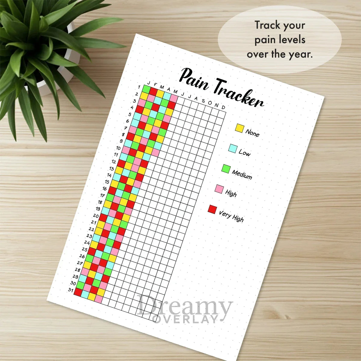Printable pain tracker journal page in A4, A5 and US Letter size