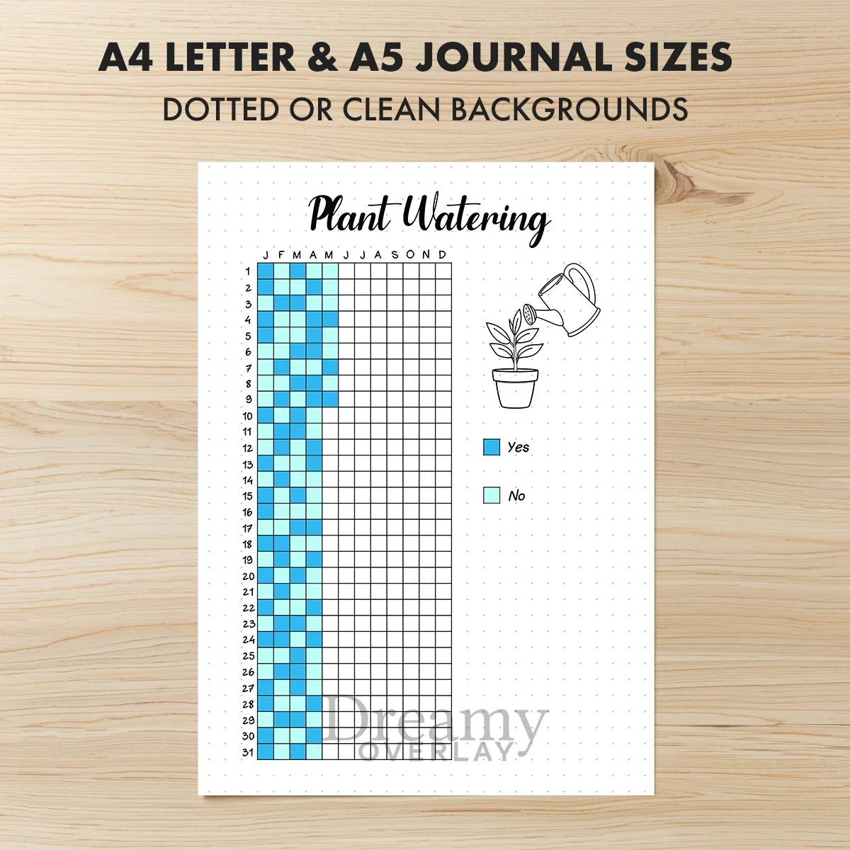 Printable plant watering tracker yearly journal page in A4, A5 and US Letter size