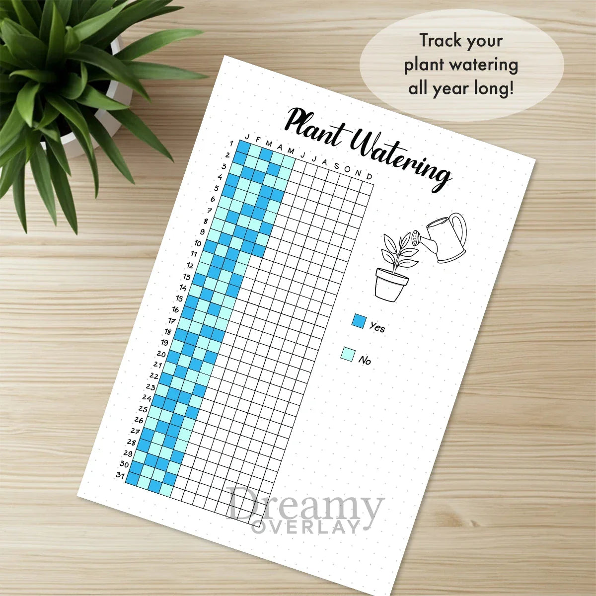 Printable plant watering tracker yearly journal page in A4, A5 and US Letter size