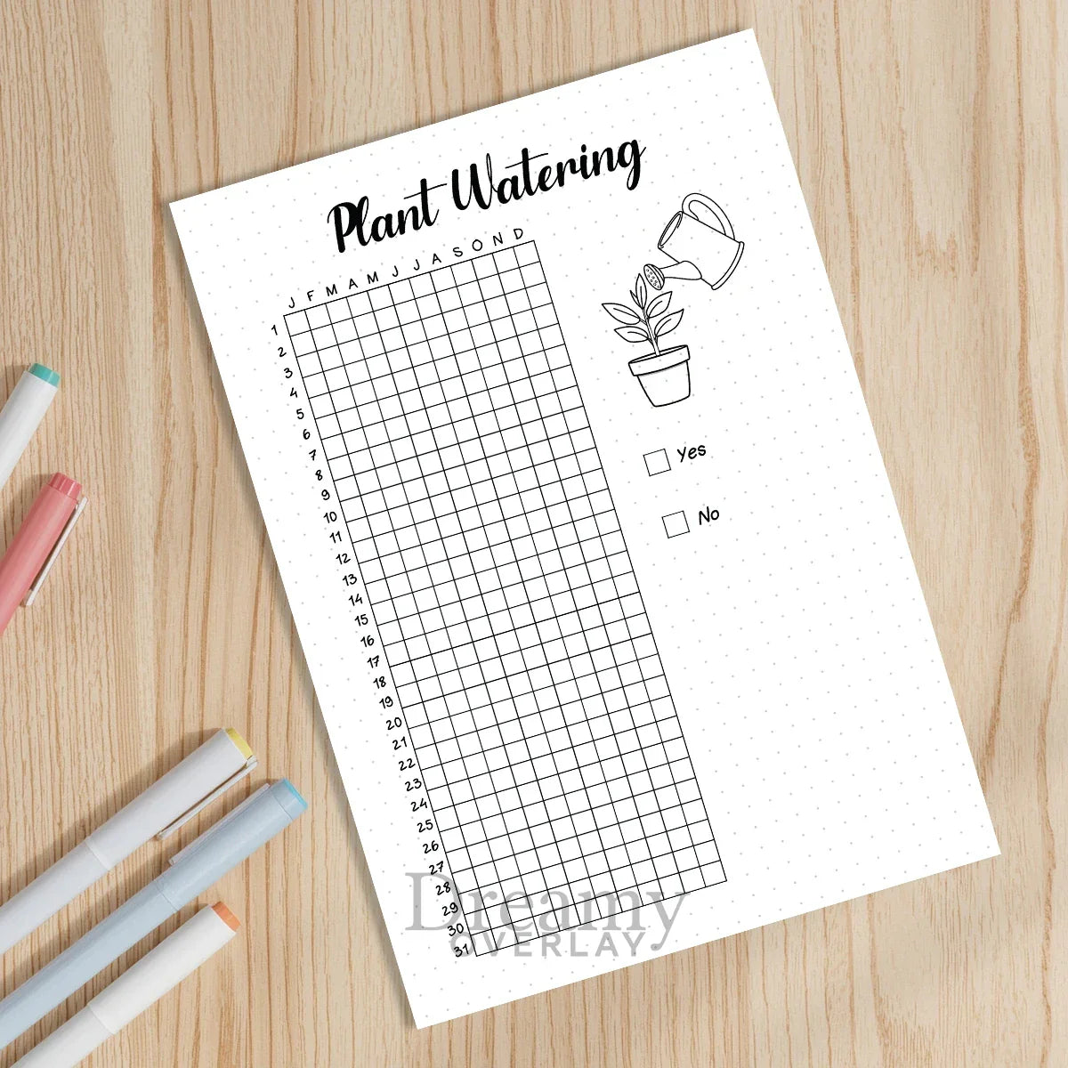 Printable plant watering tracker yearly journal page in A4, A5 and US Letter size