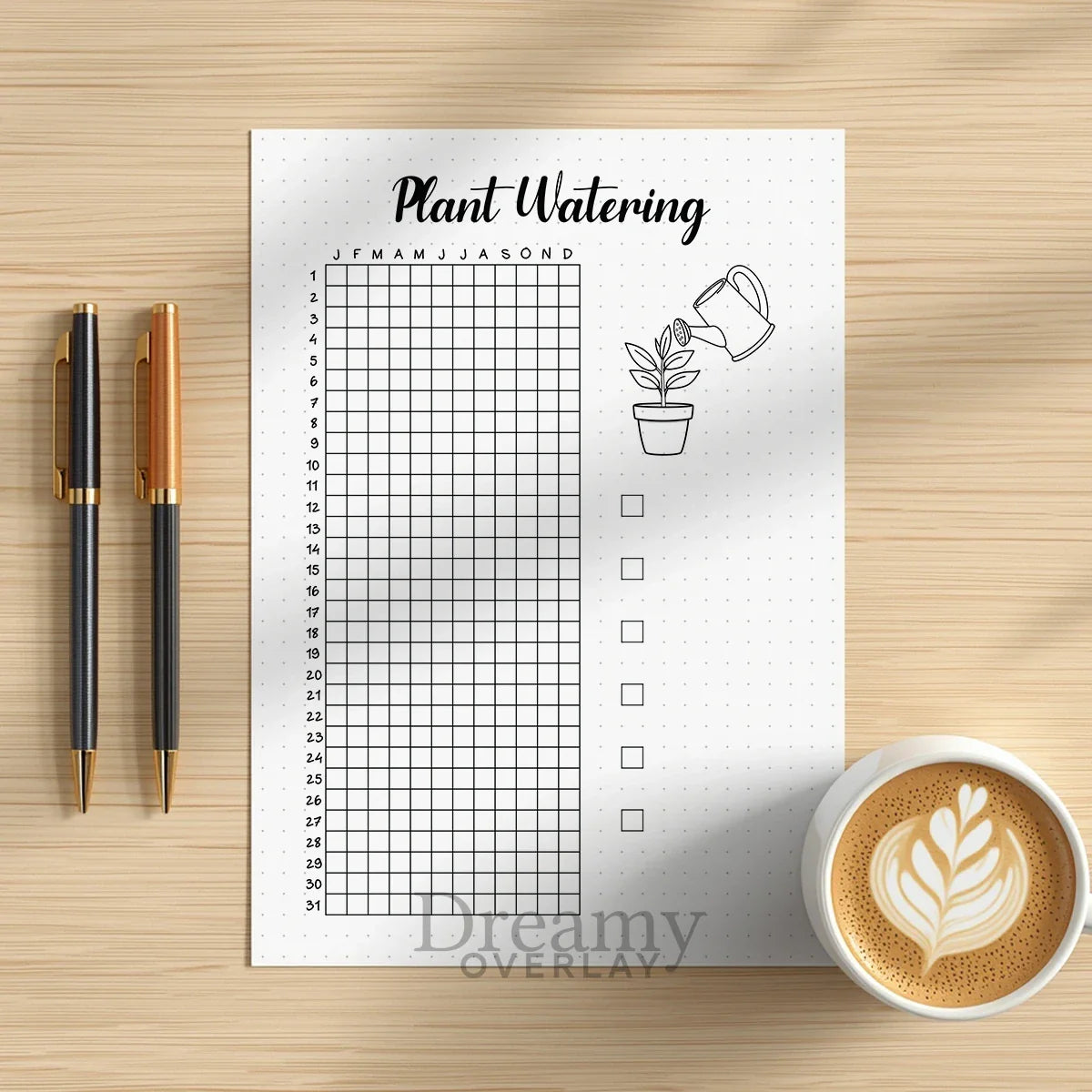 Printable plant watering tracker yearly journal page in A4, A5 and US Letter size