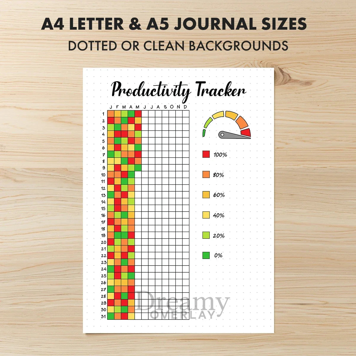 Printable productivity tracker journal page in A4, A5 and US Letter size