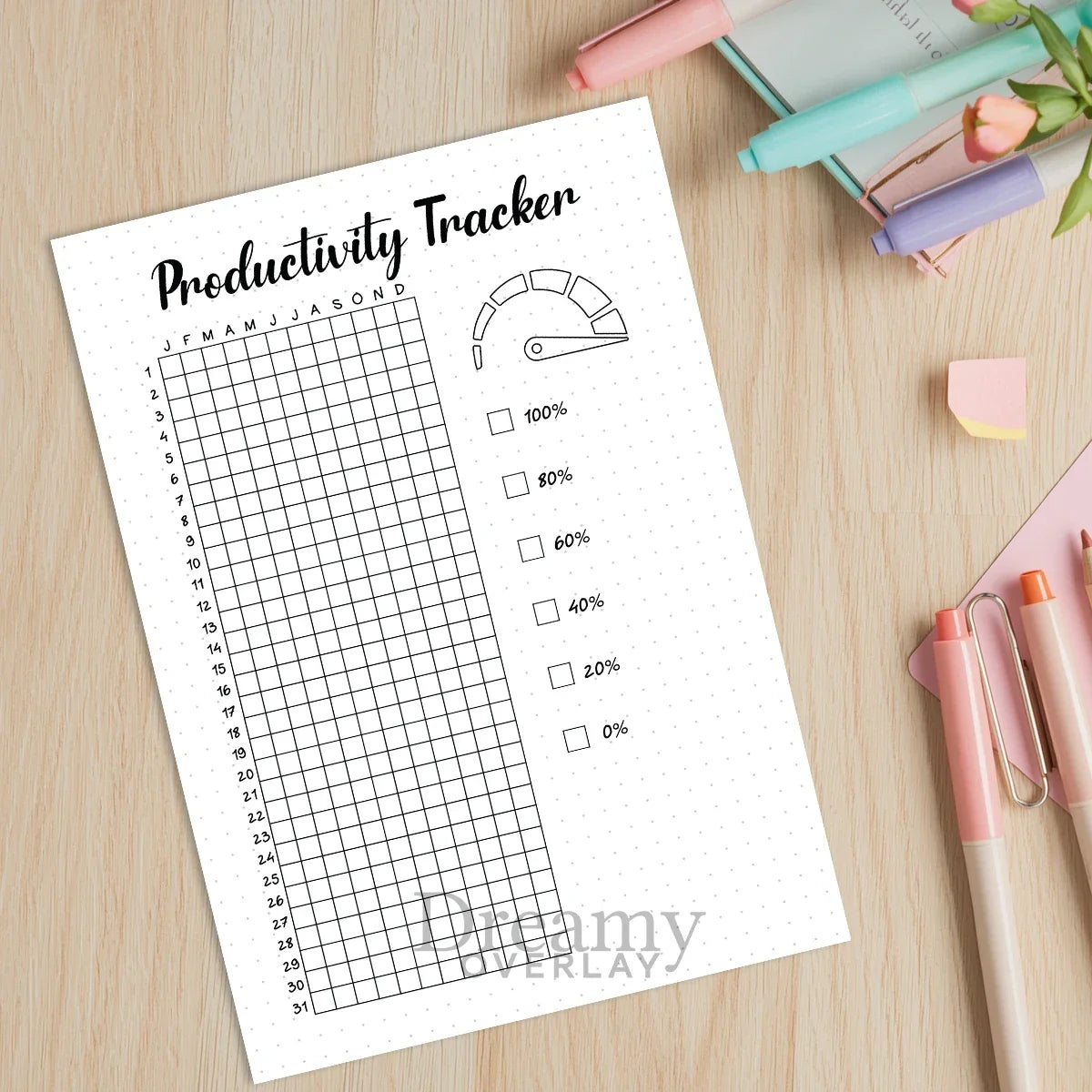 Printable productivity tracker journal page in A4, A5 and US Letter size