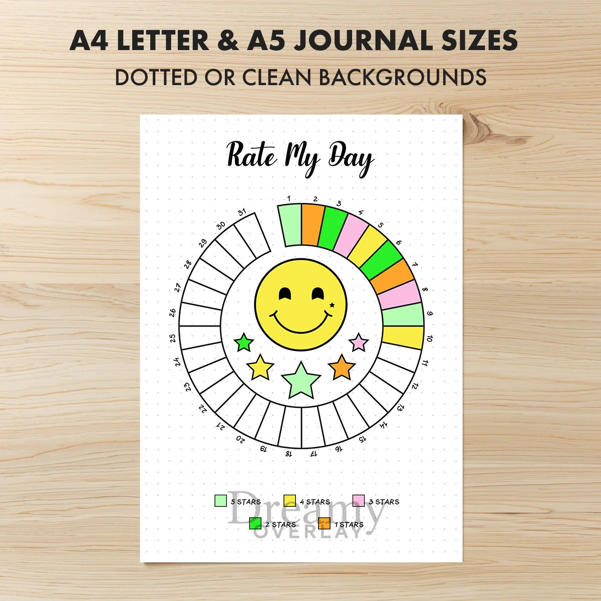 Printable rate my day tracker monthly printable journal page in A4, A5 and US Letter size