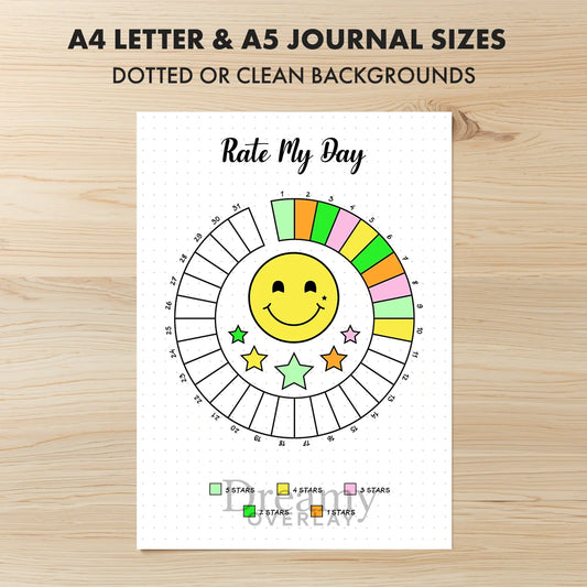 Printable rate my day tracker monthly printable journal page in A4, A5 and US Letter size