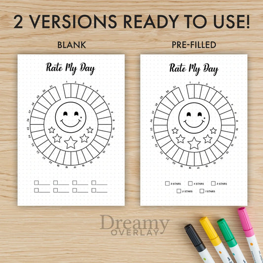 Printable rate my day tracker monthly printable journal page in A4, A5 and US Letter size