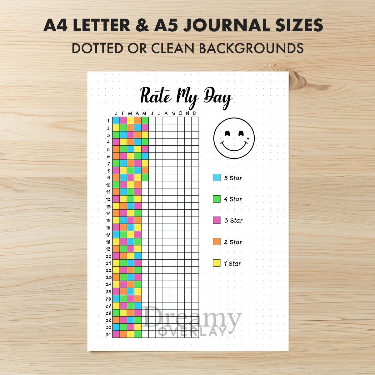 Printable rate my day tracker journal page in A4, A5 and US Letter size