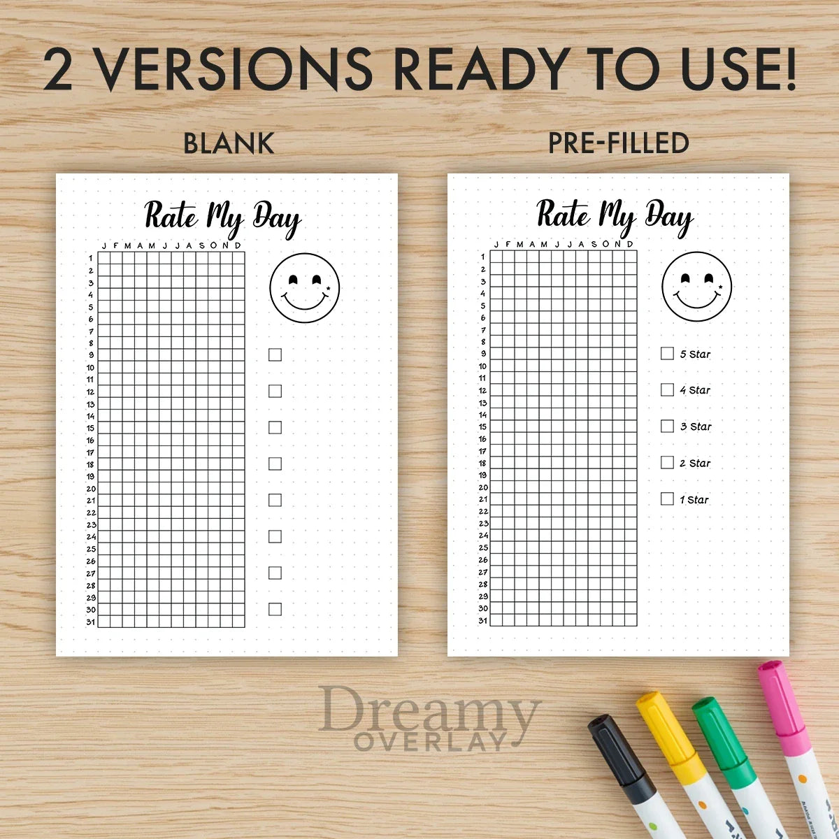 Printable rate my day tracker journal page in A4, A5 and US Letter size