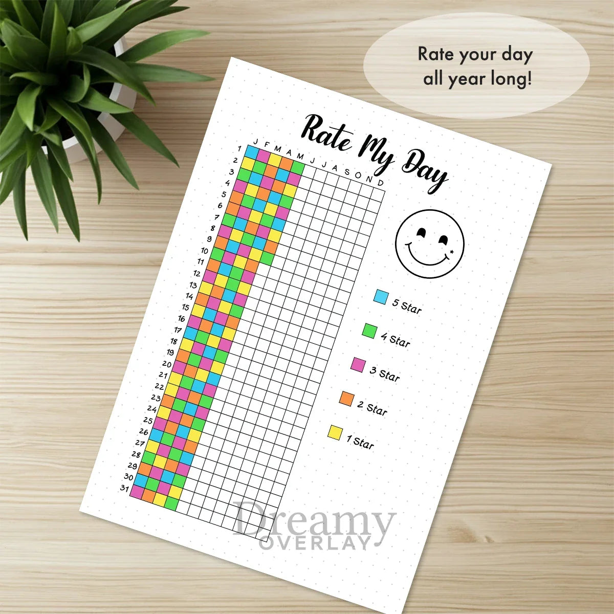 Printable rate my day tracker journal page in A4, A5 and US Letter size