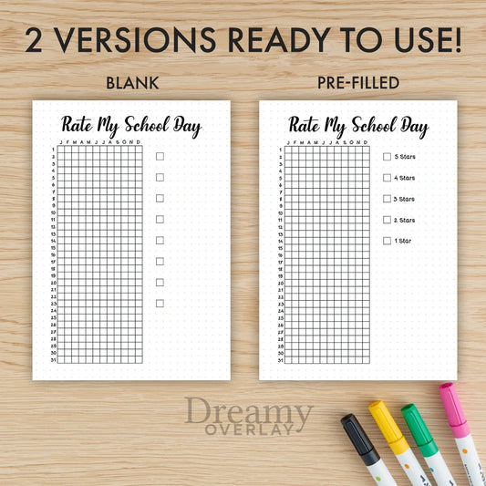 Printable rate my school day tracker printable journal page in A4, A5 and US Letter size
