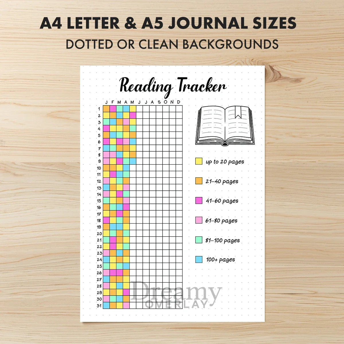 Printable reading tracker journal page in A4, A5 and US Letter size