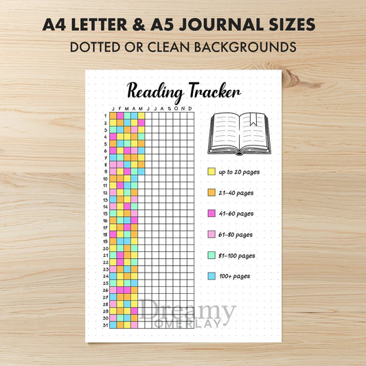 Printable reading tracker journal page in A4, A5 and US Letter size