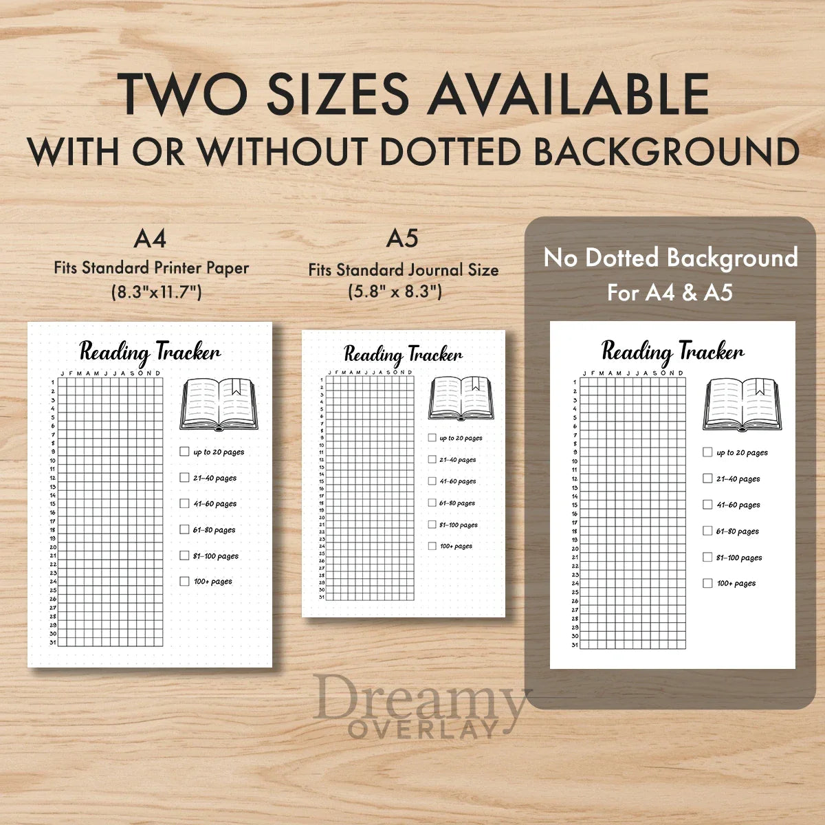 Printable reading tracker journal page in A4, A5 and US Letter size