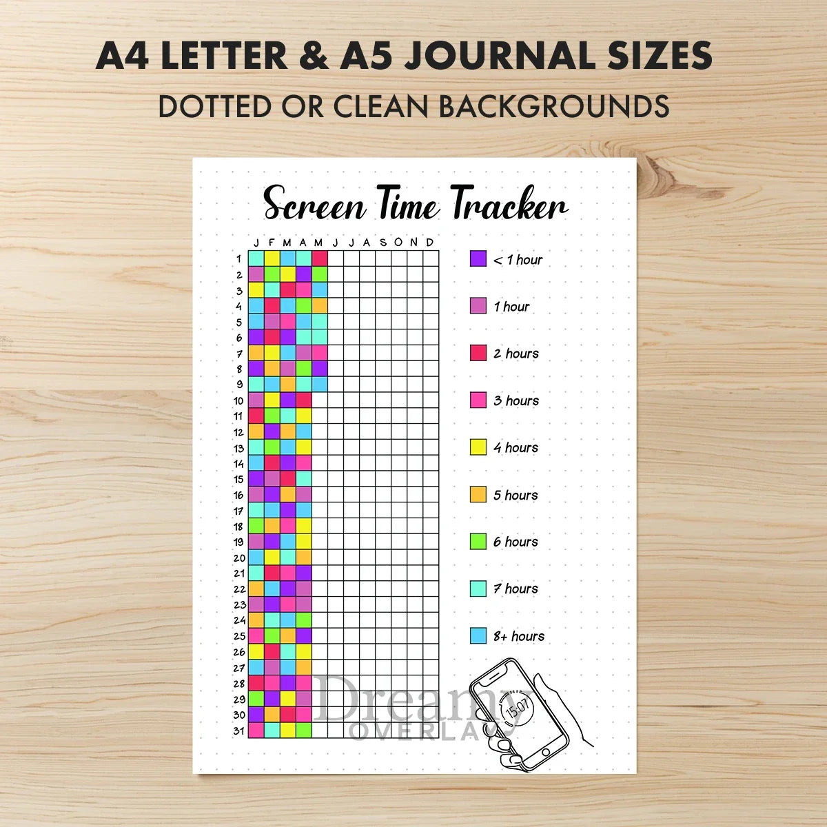 Printable screen time tracker yearly journal page in A4, A5 and US Letter size
