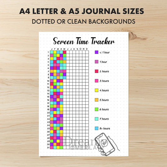 Printable screen time tracker yearly journal page in A4, A5 and US Letter size