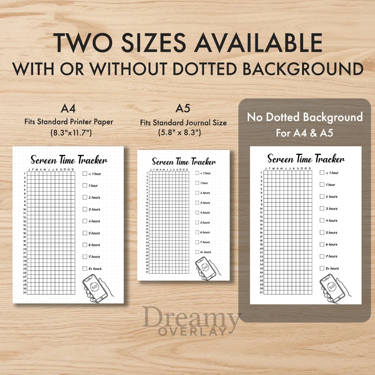 Printable screen time tracker yearly journal page in A4, A5 and US Letter size