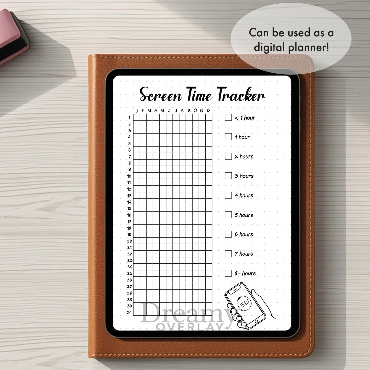 Printable screen time tracker yearly journal page in A4, A5 and US Letter size
