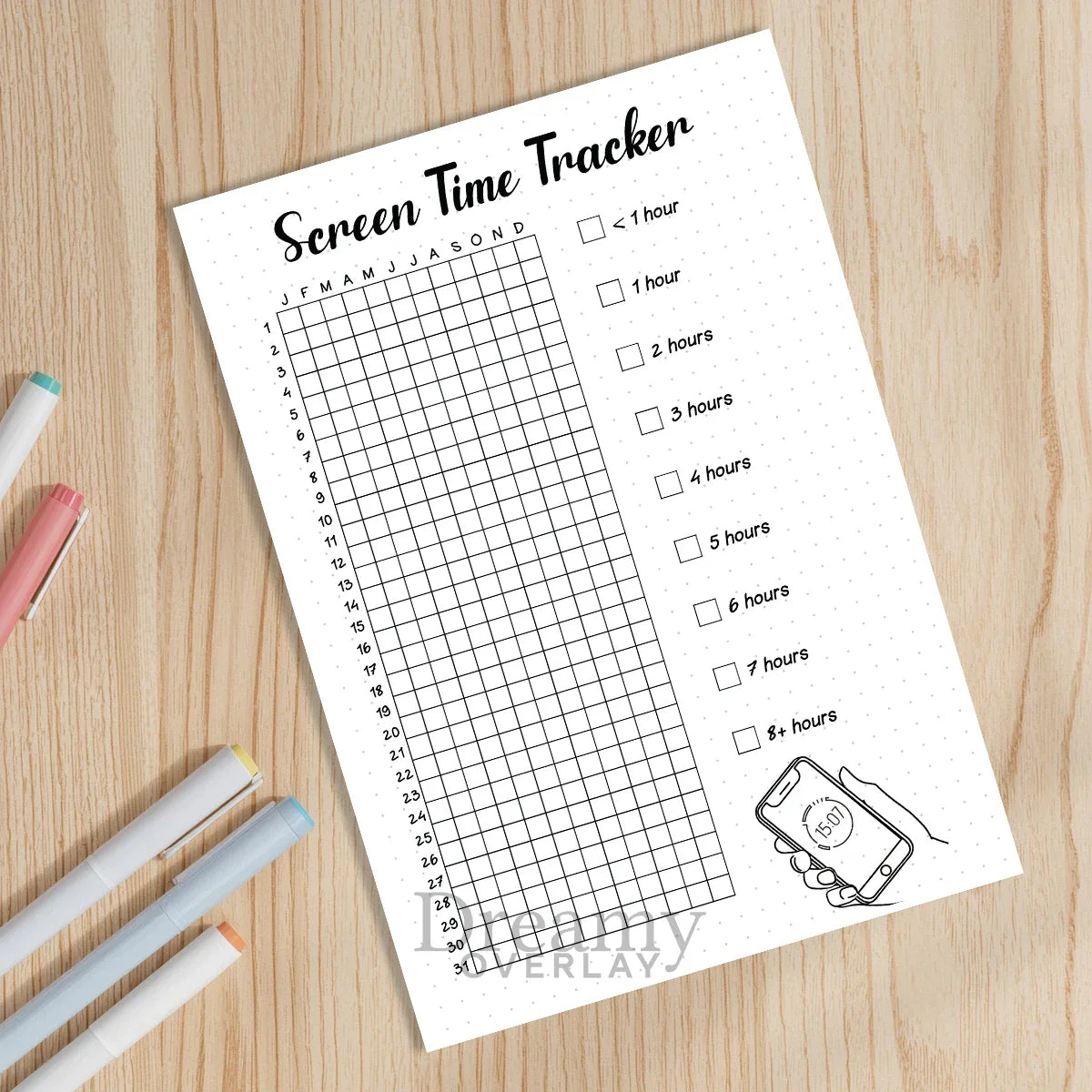 Printable screen time tracker yearly journal page in A4, A5 and US Letter size