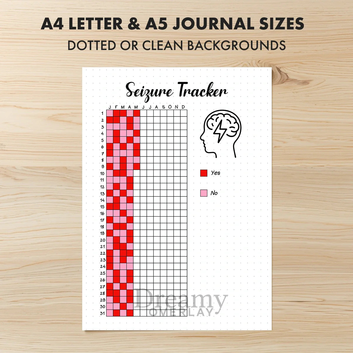 Printable seizure tracker printable journal page in A4, A5 and US Letter size