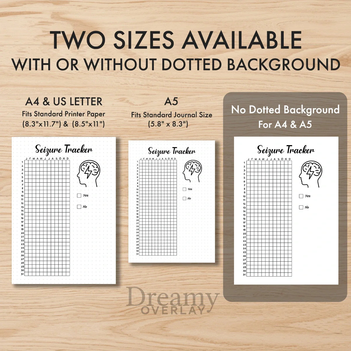 Printable seizure tracker printable journal page in A4, A5 and US Letter size