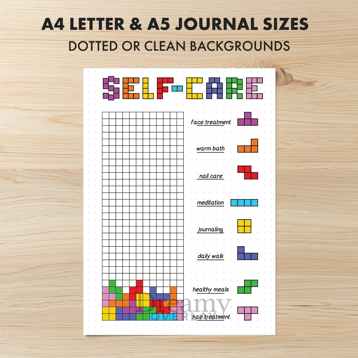 Printable self care tracker journal page in A4, A5 and US Letter size