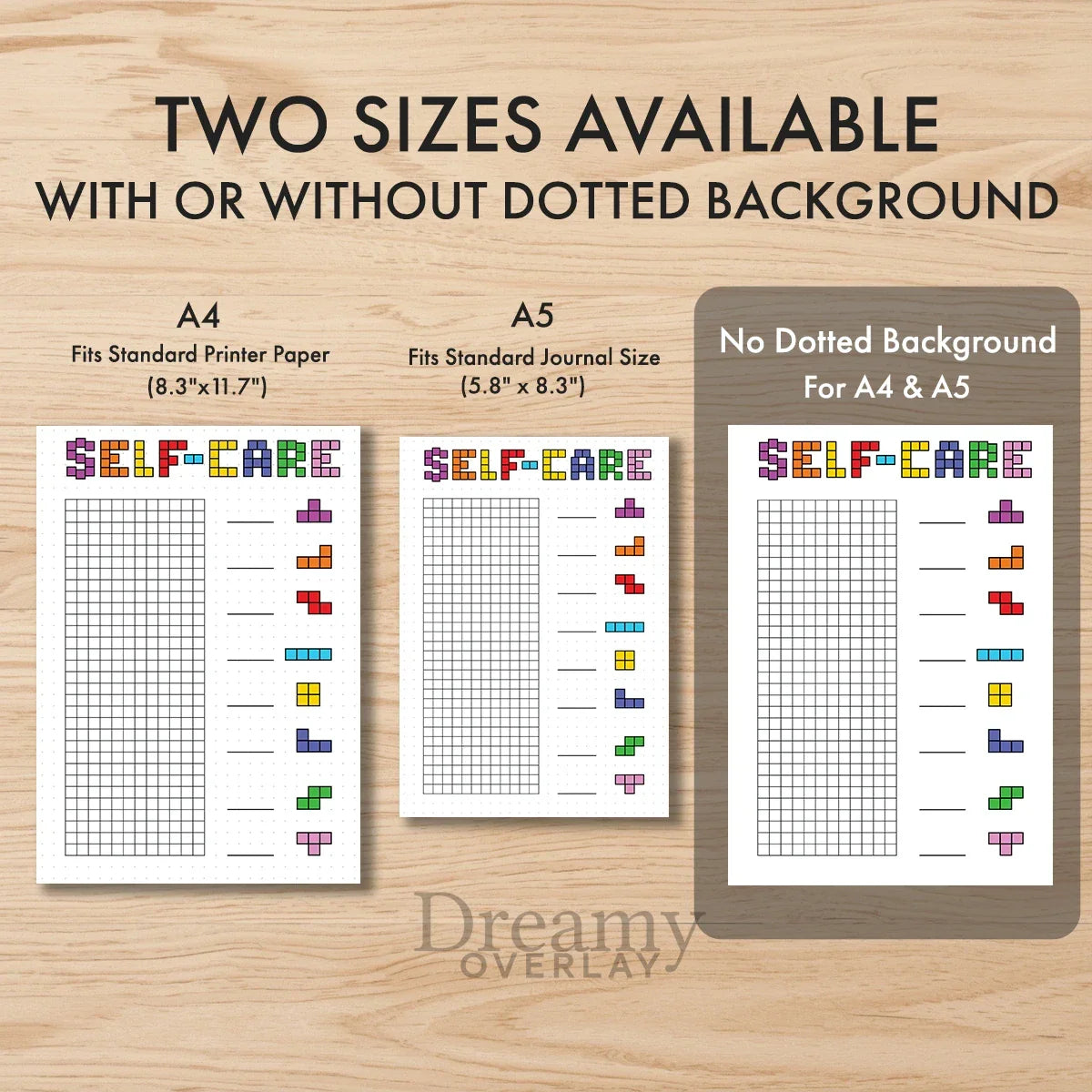 Printable self care tracker journal page in A4, A5 and US Letter size