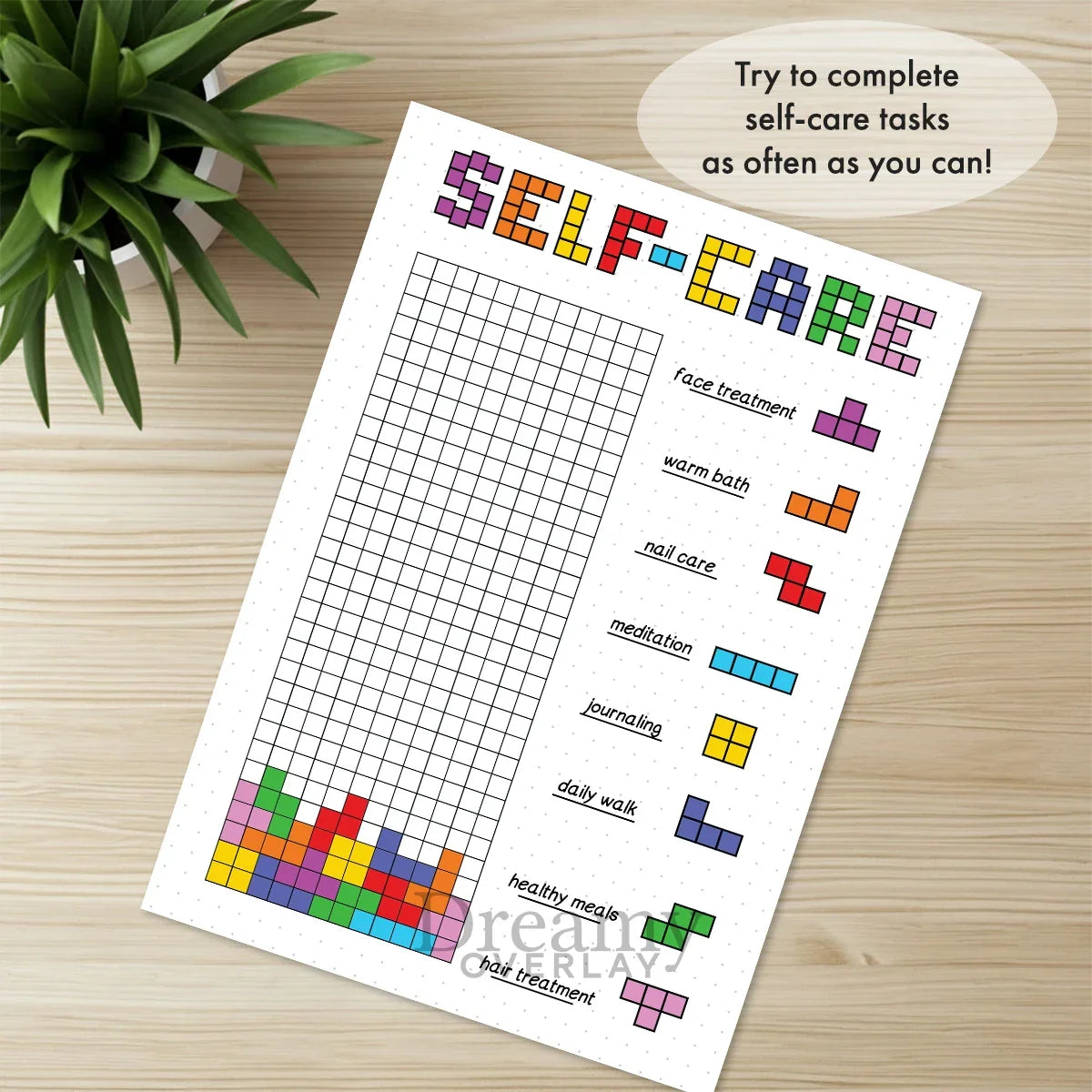 Printable self care tracker journal page in A4, A5 and US Letter size