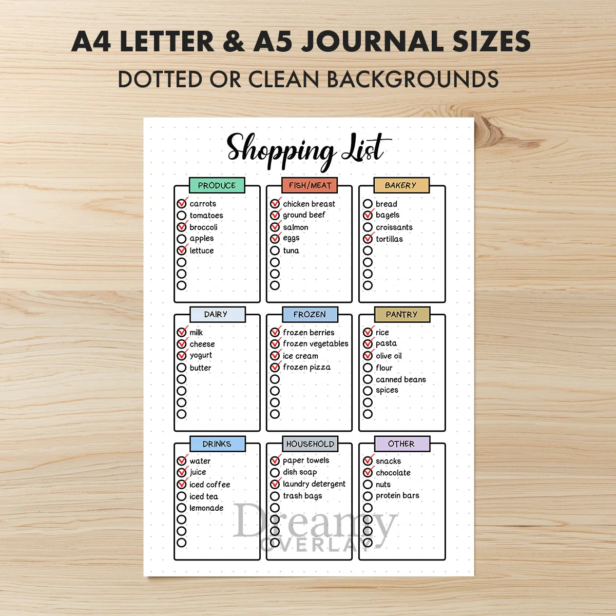Printable shopping list tracker monthly printable journal page in A4, A5 and US Letter size