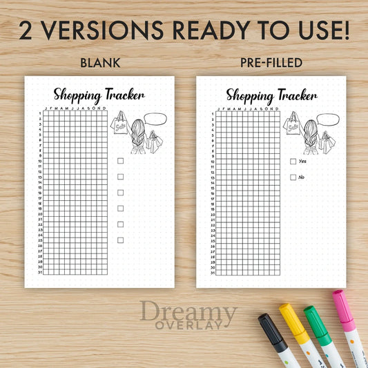 Printable shopping tracker printable journal page in A4, A5 and US Letter size