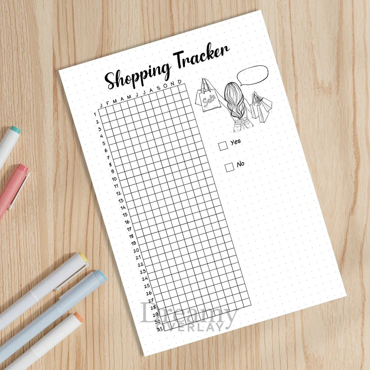 Printable shopping tracker printable journal page in A4, A5 and US Letter size