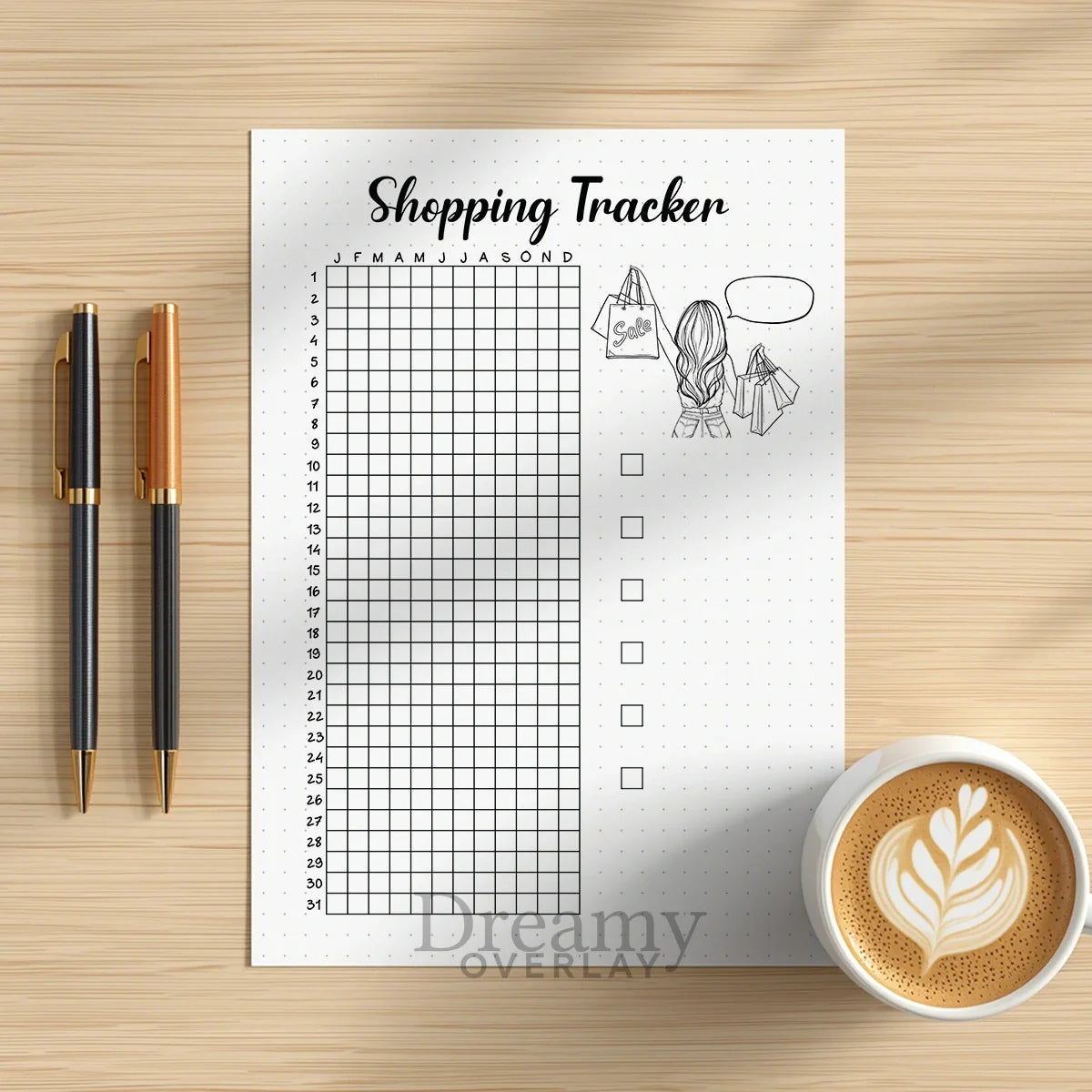 Printable shopping tracker printable journal page in A4, A5 and US Letter size