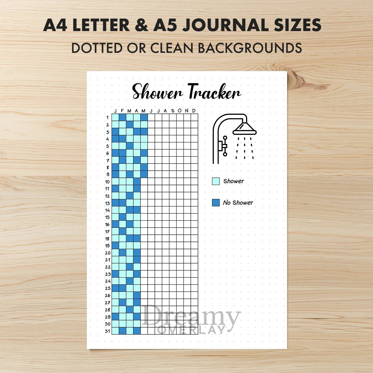 Printable shower tracker journal page in A4, A5 and US Letter size