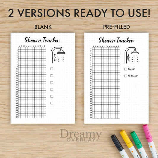 Printable shower tracker journal page in A4, A5 and US Letter size