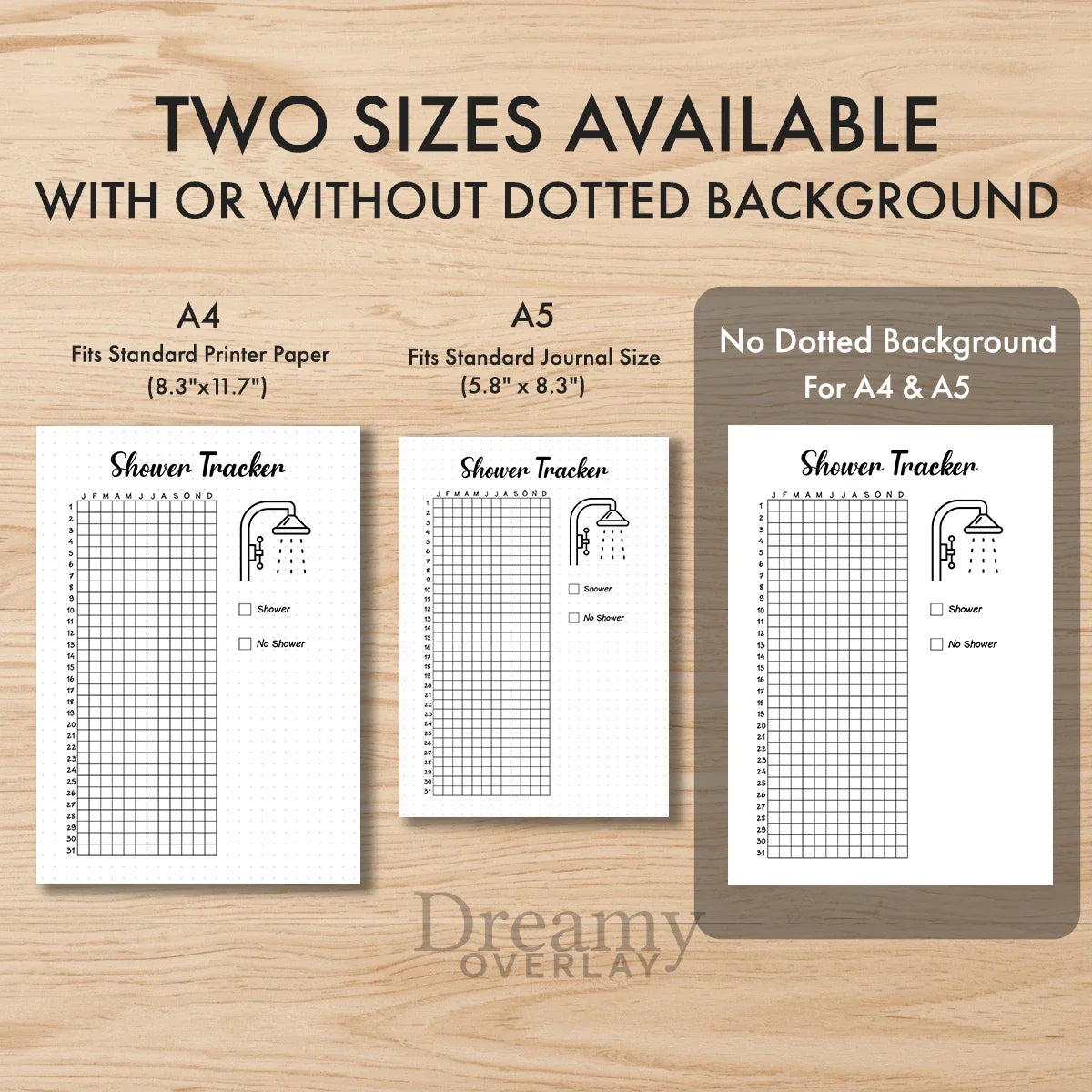 Printable shower tracker journal page in A4, A5 and US Letter size