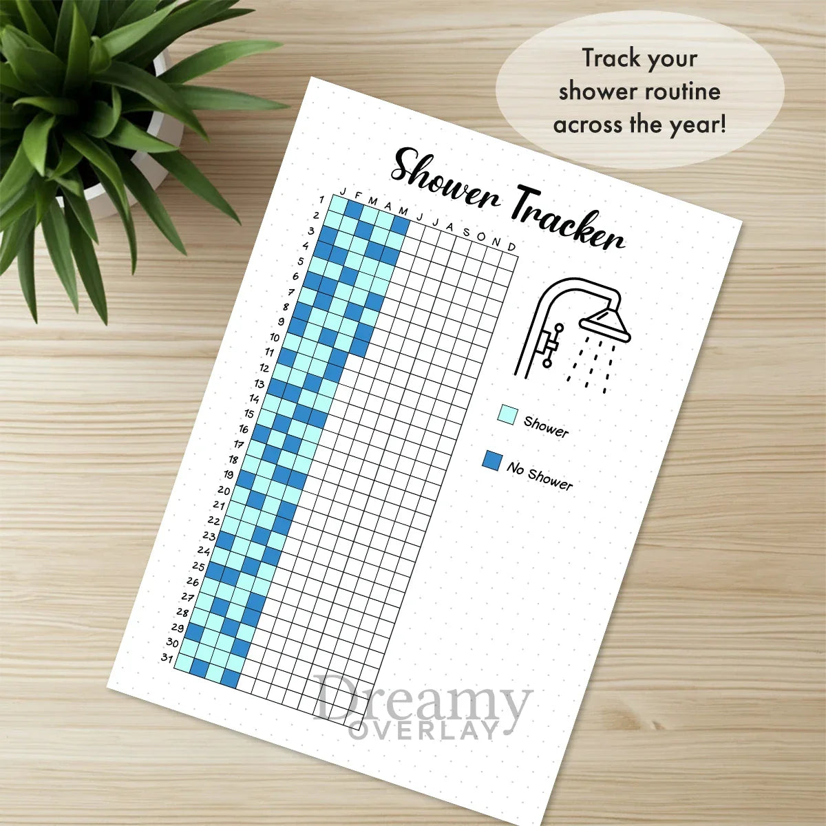 Printable shower tracker journal page in A4, A5 and US Letter size