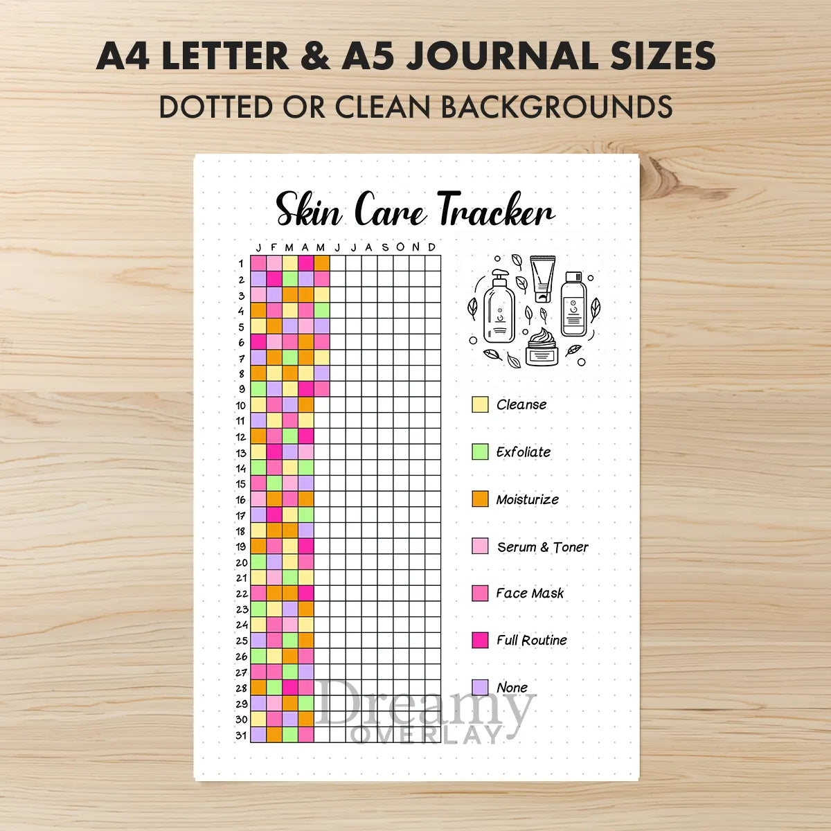 Printable skin care tracker printable journal page in A4, A5 and US Letter size