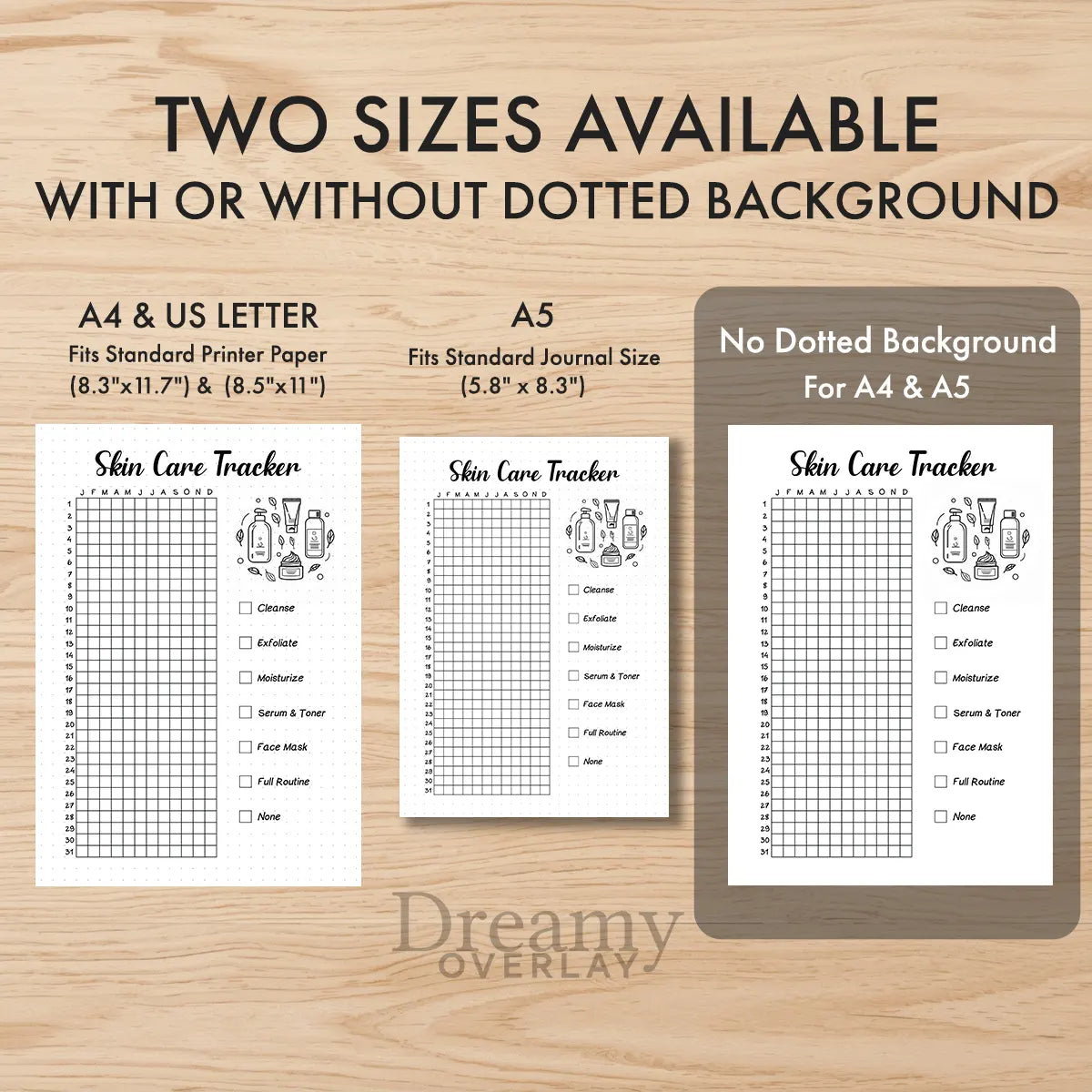 Printable skin care tracker printable journal page in A4, A5 and US Letter size